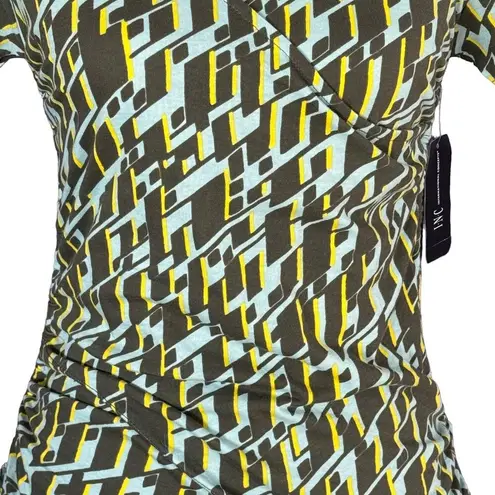 INC Small Top Geometric Surplice V-Neck Cap Sleeve Ruched Stretch Multi