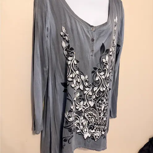 Vocal Gray Long Sleeve Top studded boho-chic flowy long casual tunic top S