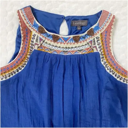 Luxology Luxoloxy Blue Sleeveless Beaded Crepe Embroidered Boho Dress - S EUC