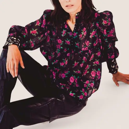 Melissa Nepton micro floral pink rose peasant Aubrey feminine Cottagecore top L Black Size L