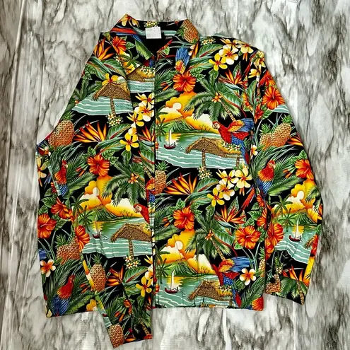 Surf Crush Tiki Vtg Sz S Hawaiian Print Zip Up Jacket CB Casual Macaw Tropical Red