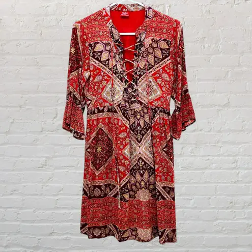 India Fashion Red Mandala Paisley Mini Dress Size M Size M