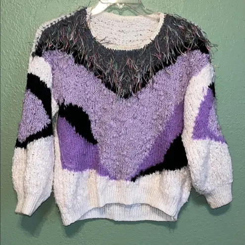 Vintage 80s Sweater Rocker Statement Multimedia Geometric Funky Unique Fluffy Purple Size L