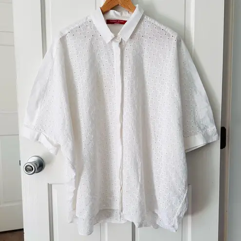 Marina Sport Oversized White Eyelet Boxy Button Up Dolman Sleeve Shirt Size 14