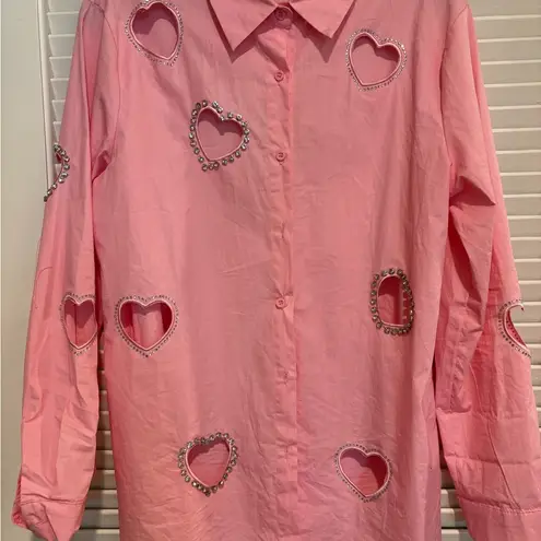 Pink Heart Cutout Rhinestone Embellished Long Sleeve Button