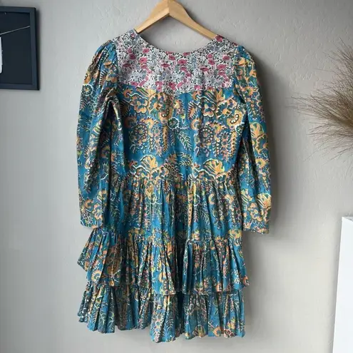 Alix of Bohemia Squash Blossom Turquoise Print Tiered Mini Dress Size Small Blue