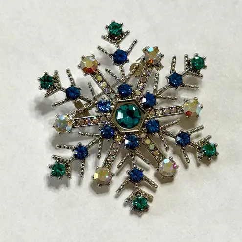 Snowflake Brooch Silver Tone Blue and Clear Crystals New
