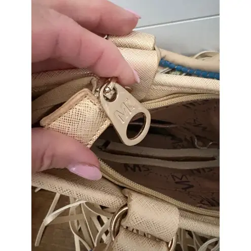 Michael Michelle Art Print Fringe Tote Bag Purse Shoulder Bag Unique Design Tan