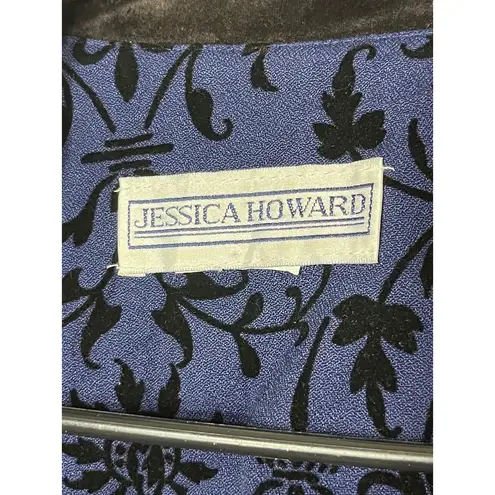 Jessica Howard Womens Medium Blue Black Floral Velvet Collar Vintage Blazer
