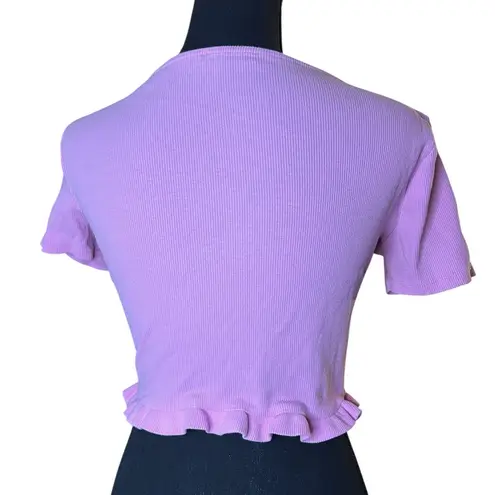 ZARA  Pink Ruffled Ruched Waist Front Tie V-Neck Top – Coquette Style Blouse | S