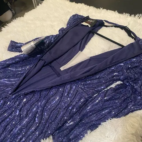 Mac Duggal Sequin Beaded Long Sleeve Gown in Midnight Navy Blue Size 6 93574