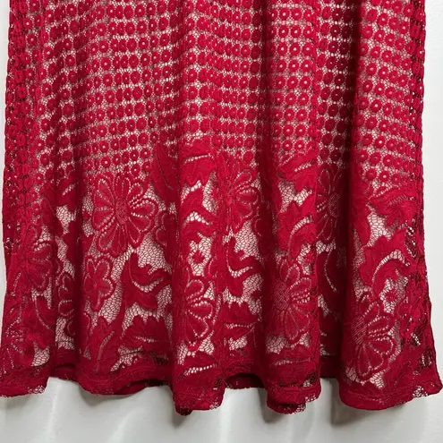 PerSeption Concept Burgundy Maroon Dress Medium Lace Overlay V Neck Short Sleeve