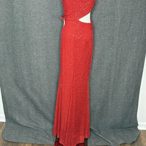 Mac Duggal Ieena for Red Sequin One Shoulder Cut Out Gown Size 2