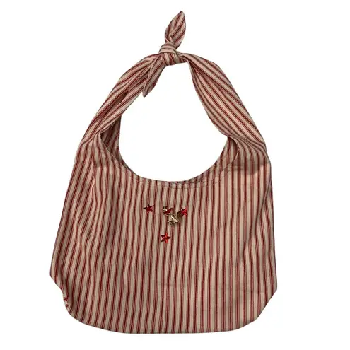 Striped Hobo Bag Red White Nautical Anchor Stars Tie Strap Shoulder Bag