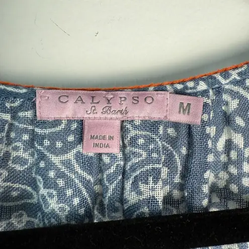 Calypso St. Barth 100% Linen Drimidia Tunic Blouse Blue Orange Paisley Size Mediu
