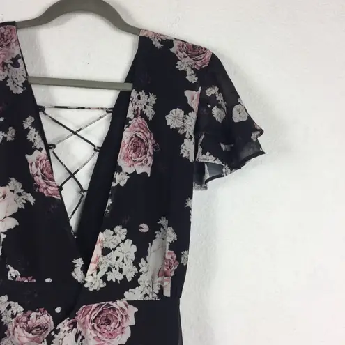 The Jetset Diaries Rosa Black Floral Chiffon Wrap Lace Up Maxi Dress Medium
