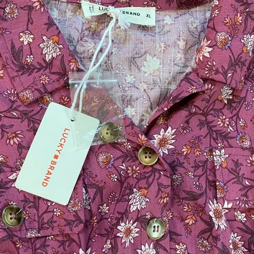 Lucky Brand  Short Sleeve Shirt Dress Purple Berry Floral Cinched Waist: XL NWT