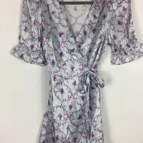 Hill House  100% Silk Nima Wrap Mini Dress Small Blue Floral Cabernet Trellis