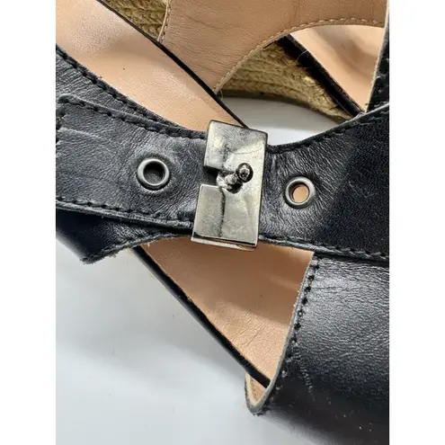 Eric Michael Black Leather Espadrille Wedge Sandals Size 9 Euro 40 Made In Spain