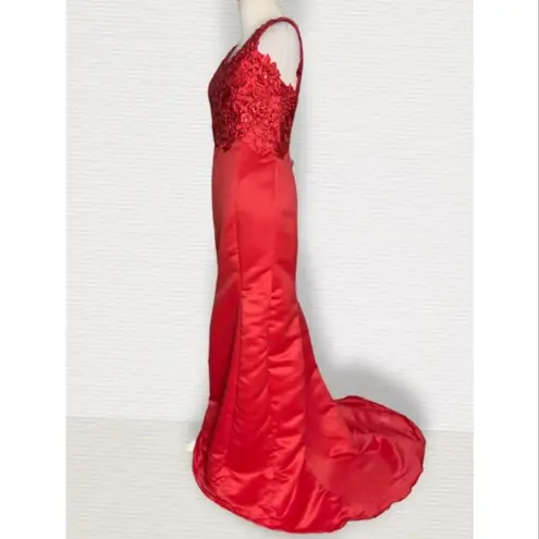 Handmade Red Mermaid Sleeveless Floral Lace Embroidered Beaded Fitted Formal Prom XS