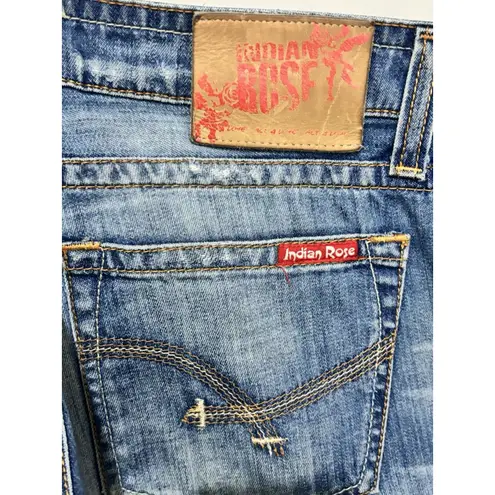 Women's Vintage Indian Rose Wide Leg Loose Fit Denim Blue Jeans 32 X 33 Low Rise