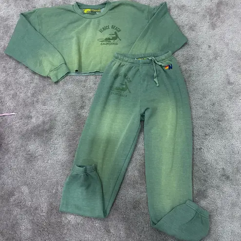Aviator Nation Venice Surfer Set Crop Crewneck Sweatshirt Sweatpants Faded Army