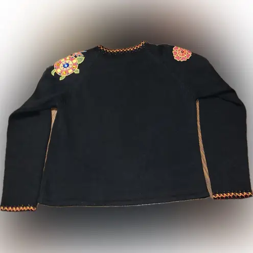 Arriviste Vintage Beaded Embroidered Cat Dog Animals Birds Sweater Small Zip Up Black