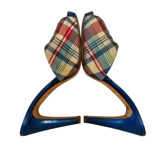 Bettye Muller Roulette Platform Slide Heels - Tartan Plaid Metallic Blue Mules