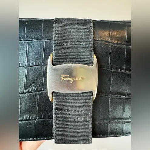 Salvatore Ferragamo Women’s‎ Black Leather Embossed Croc Compact Wallet