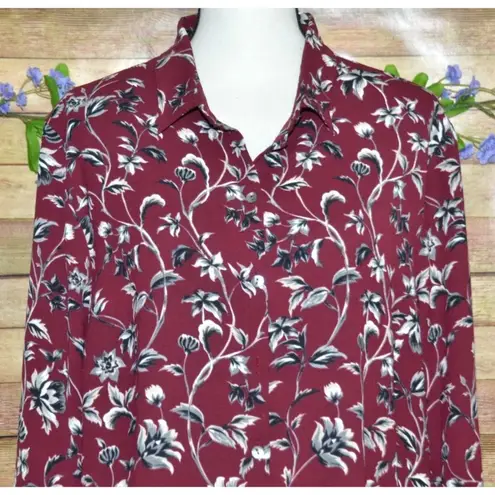 J. Jill Ladies Maroon Floral Button Up Tunic Blouse Size XL Modest Career Red