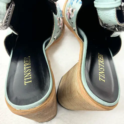 Boho Embroidered Booties Blue Vegan Chunky Block Heel Buckle Slingback Boots 11