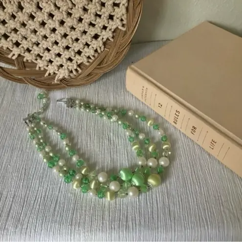 American Vintage Vintage “Sybil” Japan Green Glass Bead Pearl Necklace Three Strand Choker Multi Color