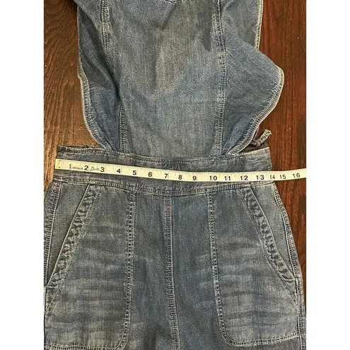 La Vie Rebecca Taylor Ruffle 100% Cotton Denim Jumpsuit Side Cutout Size Small Blue