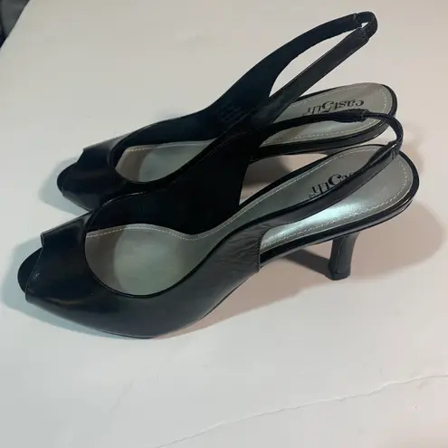 East 5th NWT Sicily black slip on peep toe leather heels