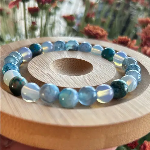 Handmade Sea Sediment Jasper + dyed Blue Agate + Opalite Beaded Bracelet *