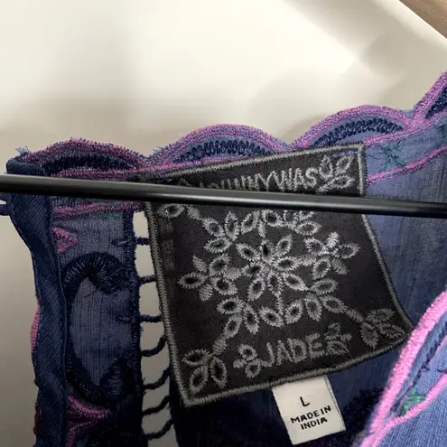 Johnny Was Reina Midi Dress Womens Large Linen-Blend Blue Embroidered