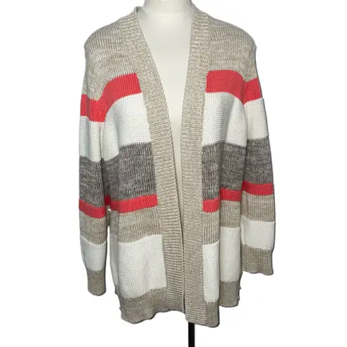 Women's Oversized Striped Open Front Cardigan Sweater Neutral Coral Cozy Knit Size L