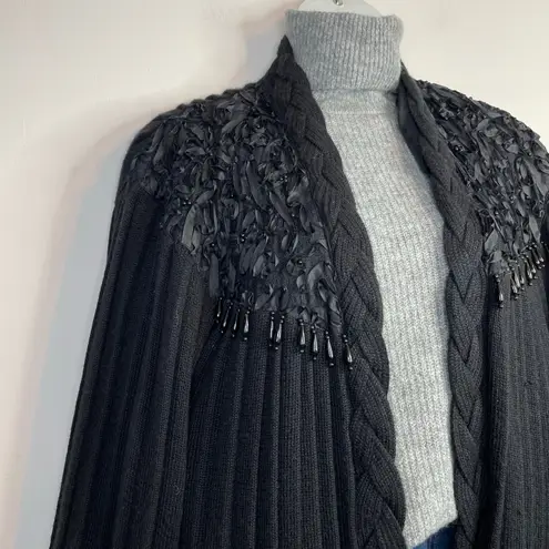 Maurada Vintage 90s Wool Blend Beaded Lace Black Sweater Coat Balloon Sleeves M Size M