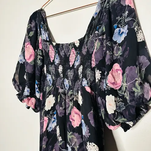 Nicholas Black Purple Floral 100% Silk Square Neckline A