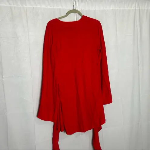 L'Academie Red V Neck Long Bell Sleeve Tie Waist Mini Dress Size Small
