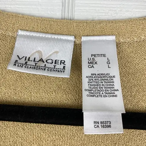 Villager Liz Claiborne Tan V-neck Knit Cardigan Pink Floral Embroidery L Petite