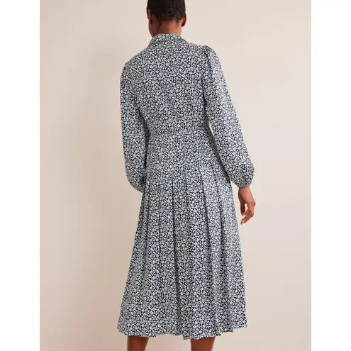 NWT Boden Pleated Skirt Midi Shirt Dress Size 8P Navy Flower Stem Office Preppy Blue