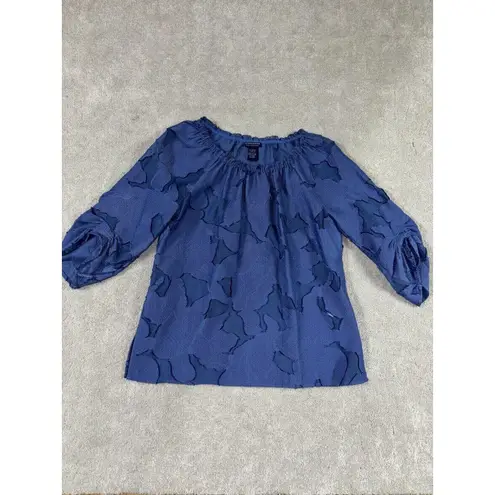 Doncaster Collection Blue Floral Ruched Sleeve Top Women's Size 10p