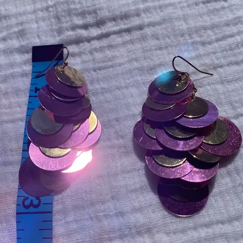Purple Gold sequin paillette chandelier earrings dangle 3 inch long lightweight Pink