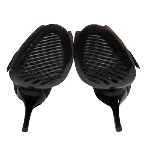 via spiga new β Peep Toe Stiletto Heels Pumps β Chocolate Suede + Patent Leather