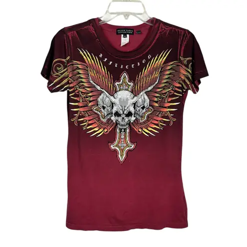 Affliction Black Label Maroon Red Bling Rhinestone Fitted Tee Y2K Skull Grunge