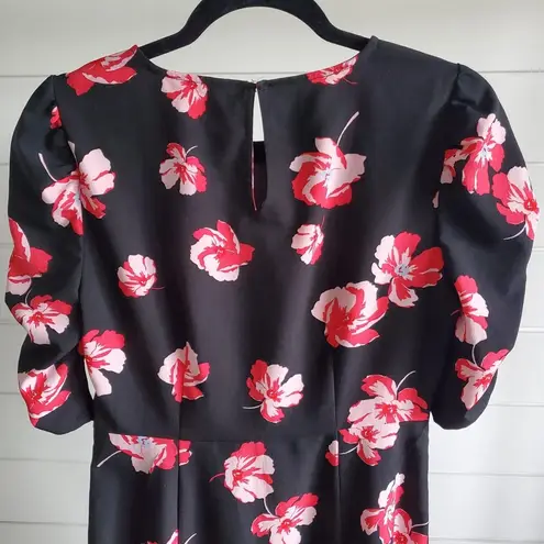 Popsugar  Black Floral midi dress with side slit short sleeves, size S Retro