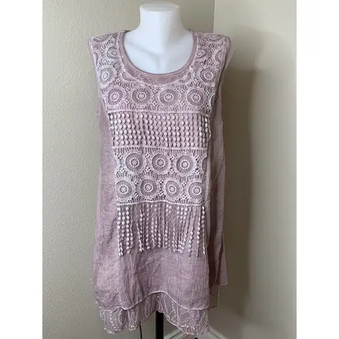 Pretty Angel Pink Embroidered Sleeveless Long Blouse Short Dress Sz S Linen Bld