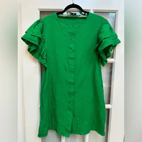 Fanm Mon 100% Linen Weave Snap Placket Short Flutter Sleeves Dress Size Medium M Green