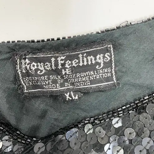 VTG Royal Feelings Sequin Silk Top Blouse Womens XLarge Glam Disco Party Holiday Black Size XL